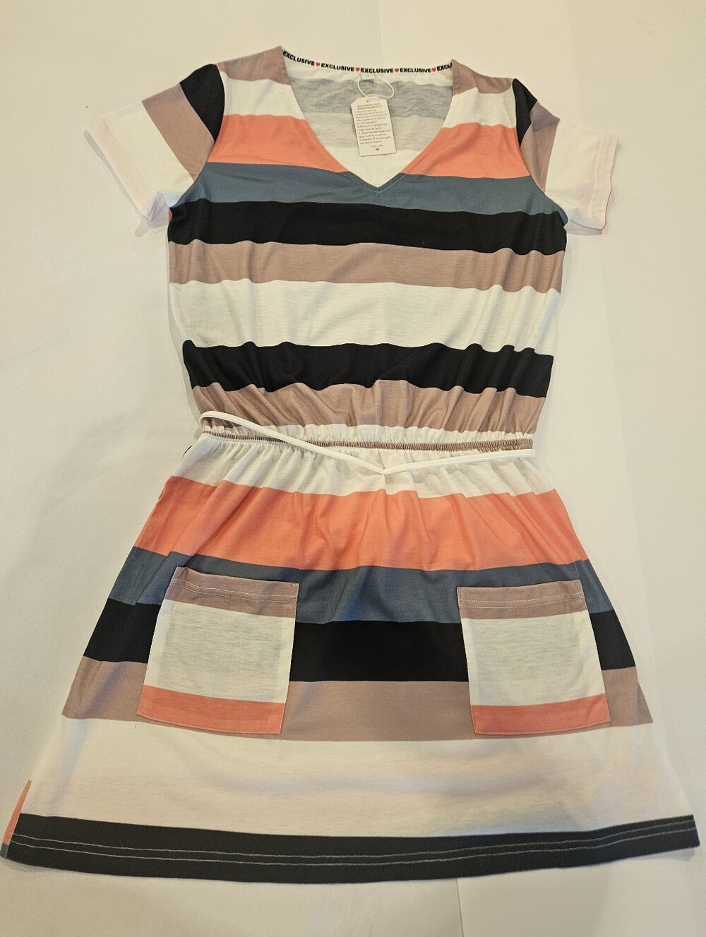 Striped V-Neck Pocket Dress in Coral, Navy & White